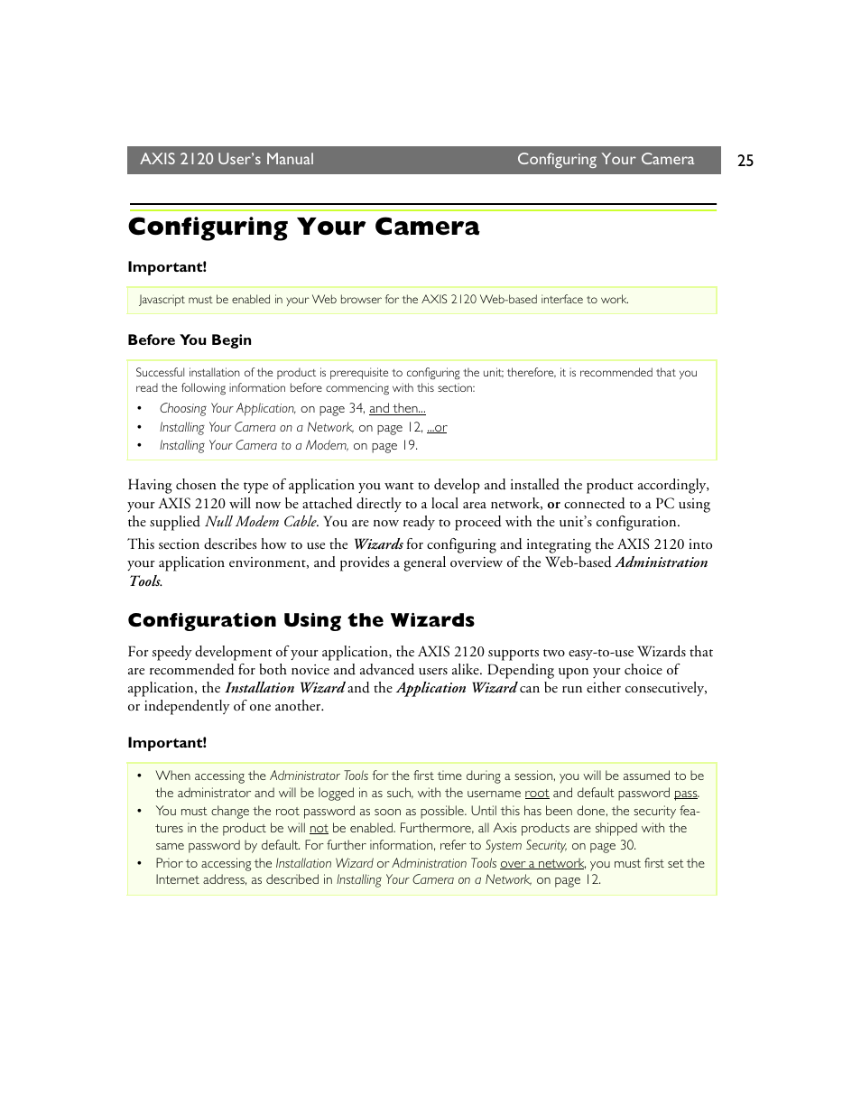 Configuring your camera, Configuration using the wizards | Axis Communications 2120 User Manual | Page 25 / 68