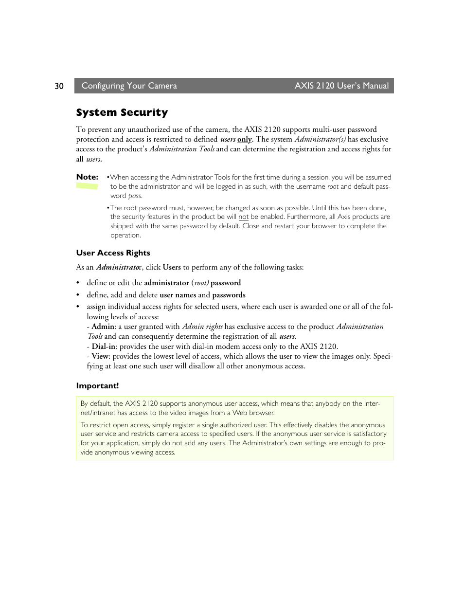 System security | Axis Communications 2120 User Manual | Page 30 / 68