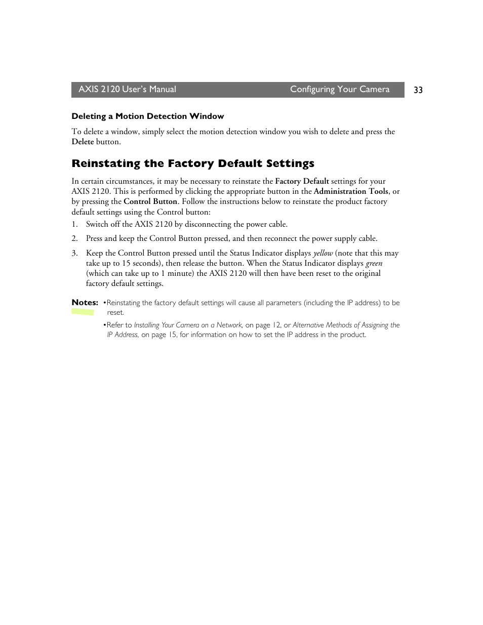 Reinstating the factory default settings | Axis Communications 2120 User Manual | Page 33 / 68