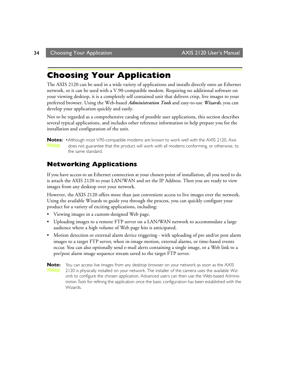 Choosing your application, Networking applications | Axis Communications 2120 User Manual | Page 34 / 68