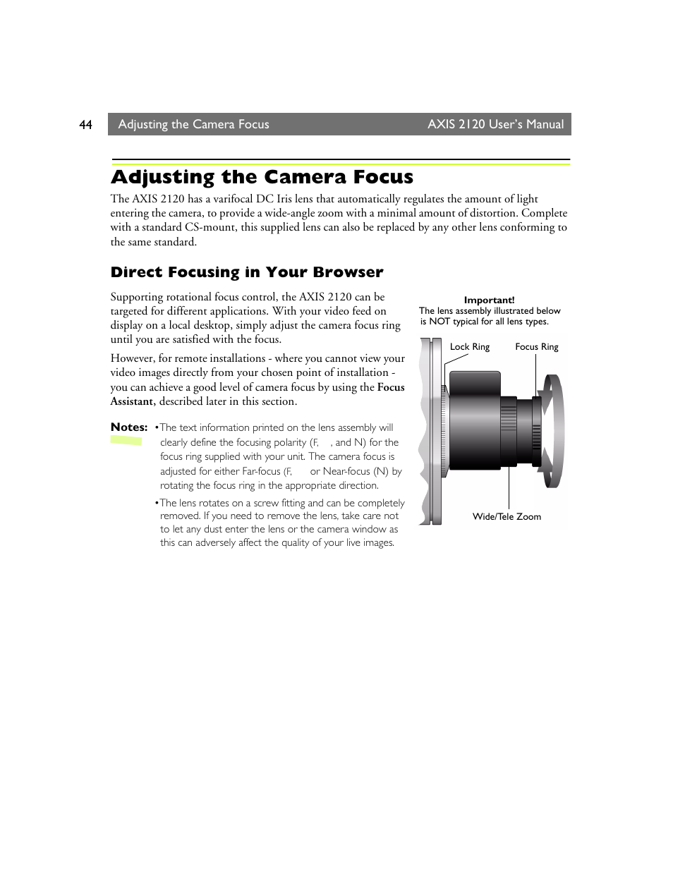 Adjusting the camera focus, Direct focusing in your browser | Axis Communications 2120 User Manual | Page 44 / 68