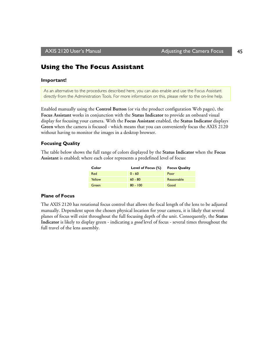 Using the the focus assistant | Axis Communications 2120 User Manual | Page 45 / 68