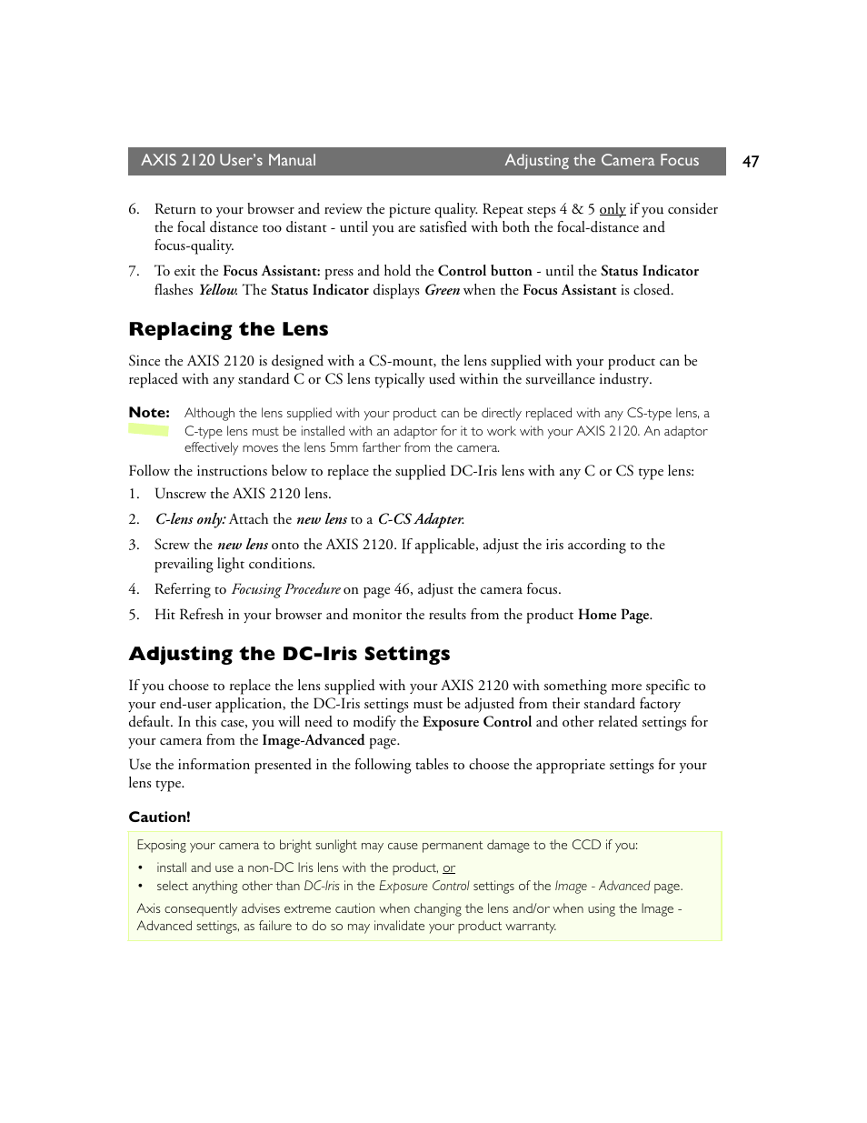 Replacing the lens, Adjusting the dc-iris settings | Axis Communications 2120 User Manual | Page 47 / 68