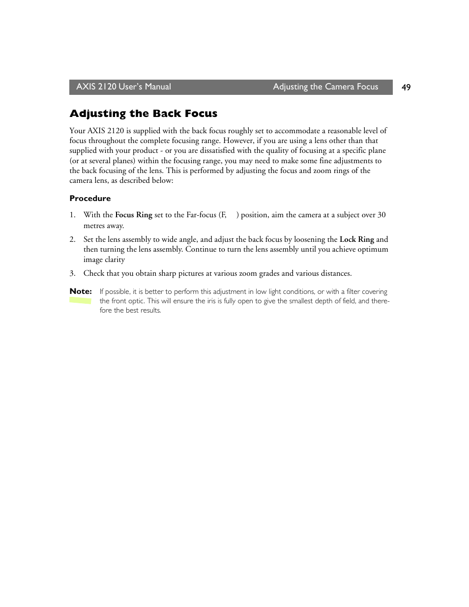 Adjusting the back focus | Axis Communications 2120 User Manual | Page 49 / 68