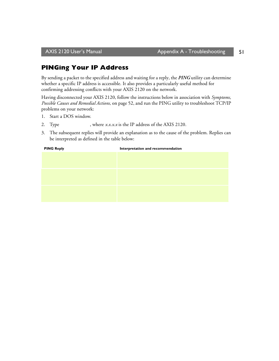 Pinging your ip address | Axis Communications 2120 User Manual | Page 51 / 68