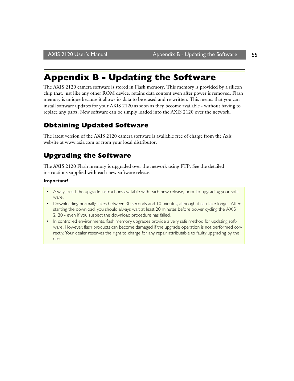 Appendix b - updating the software, Obtaining updated software, Upgrading the software | Axis Communications 2120 User Manual | Page 55 / 68