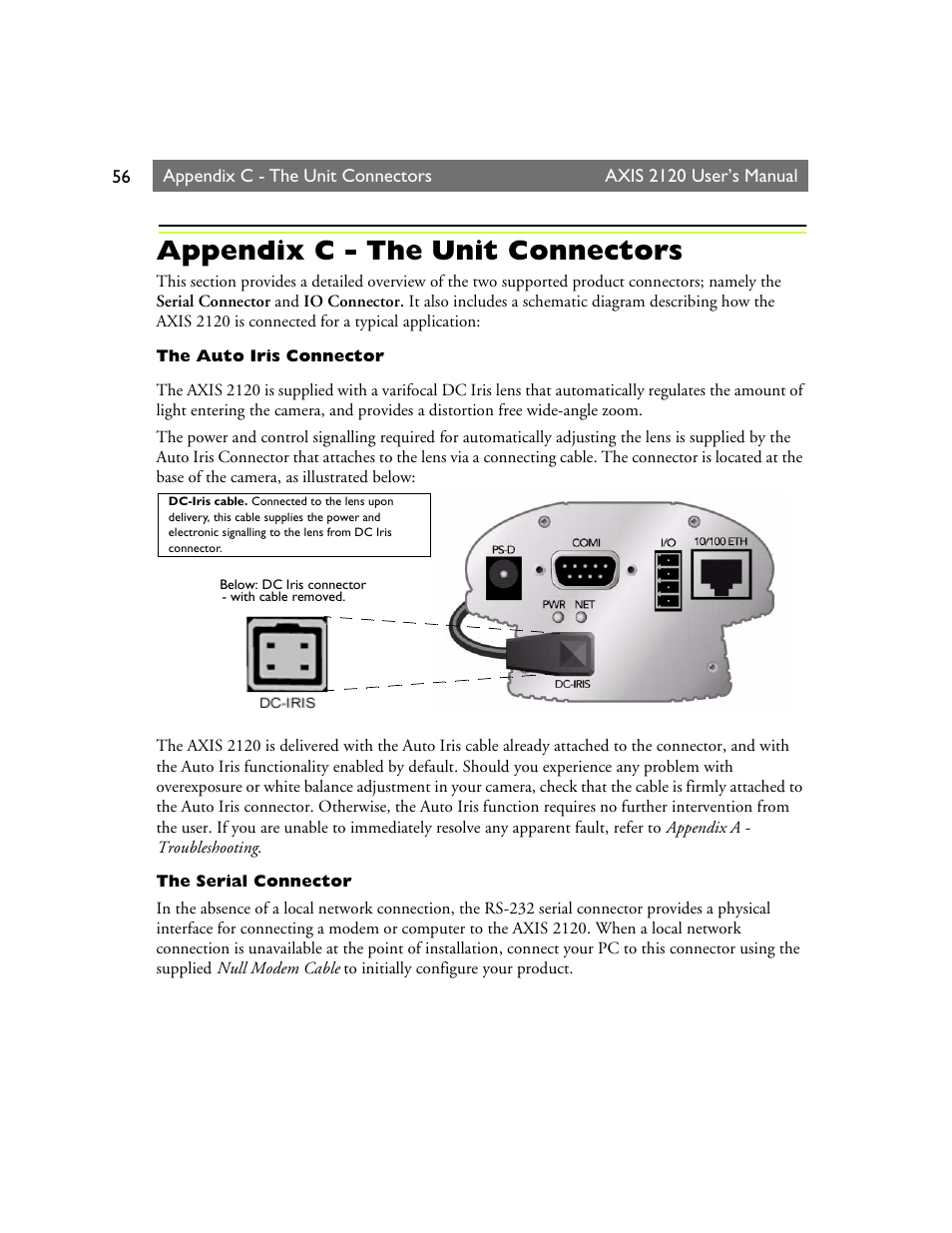 Appendix c - the unit connectors | Axis Communications 2120 User Manual | Page 56 / 68