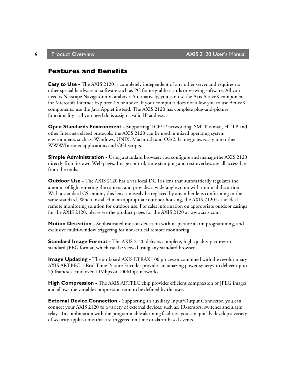 Features and benefits | Axis Communications 2120 User Manual | Page 6 / 68