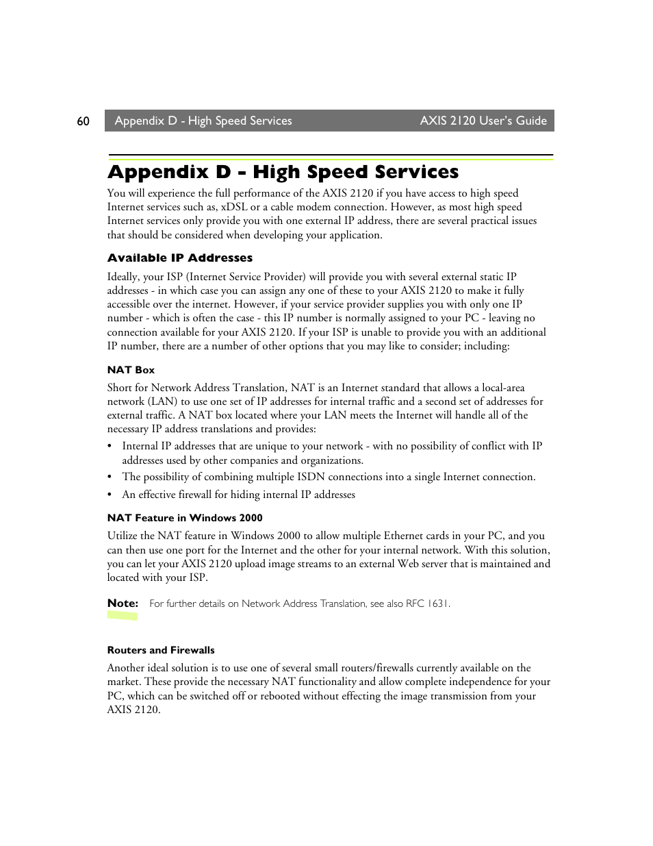 Appendix d - high speed services | Axis Communications 2120 User Manual | Page 60 / 68