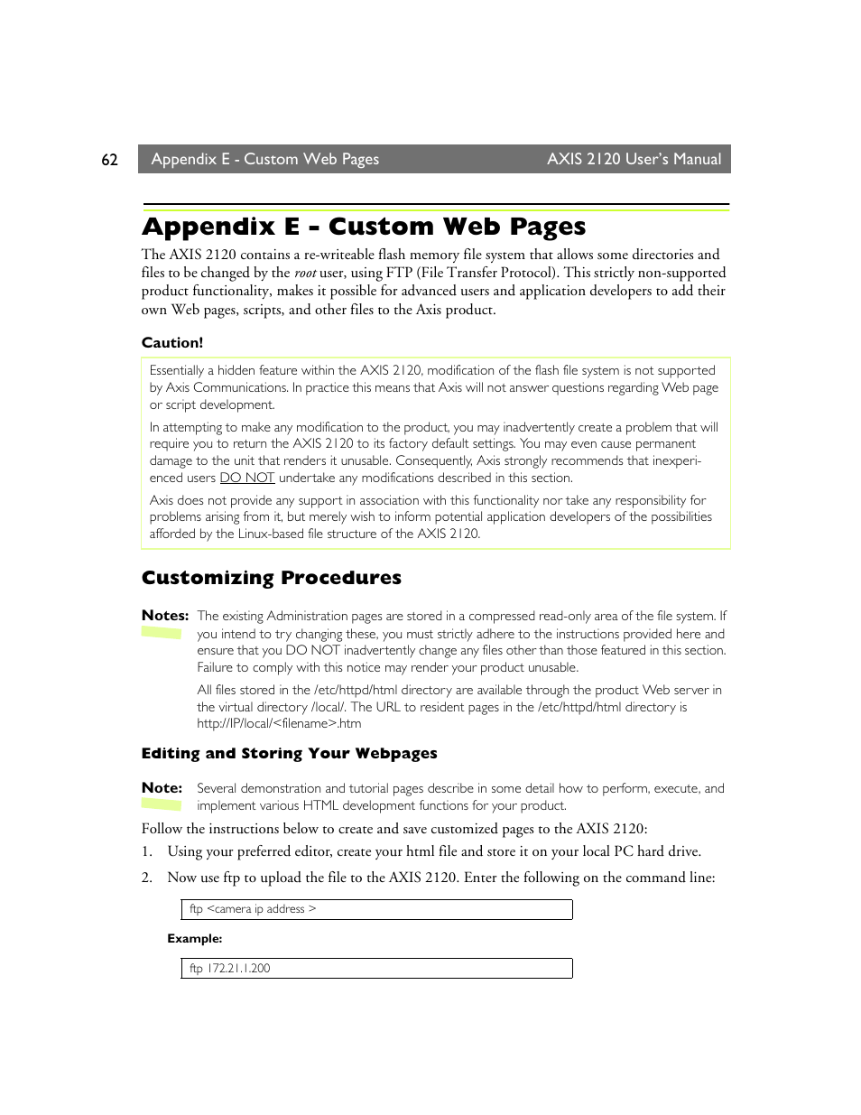 Customizing procedures, Appendix e - custom web pages | Axis Communications 2120 User Manual | Page 62 / 68