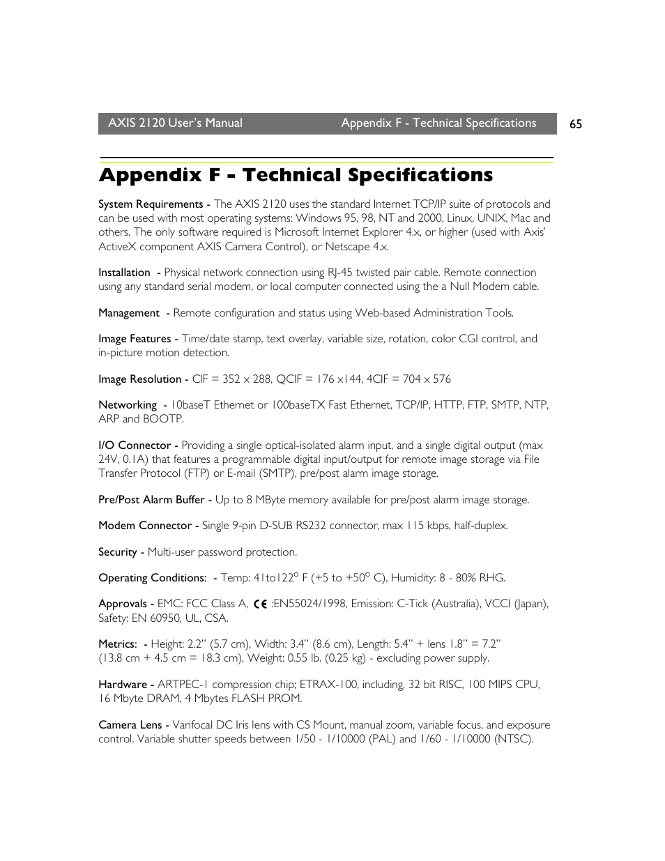 Appendix f - technical specifications | Axis Communications 2120 User Manual | Page 65 / 68