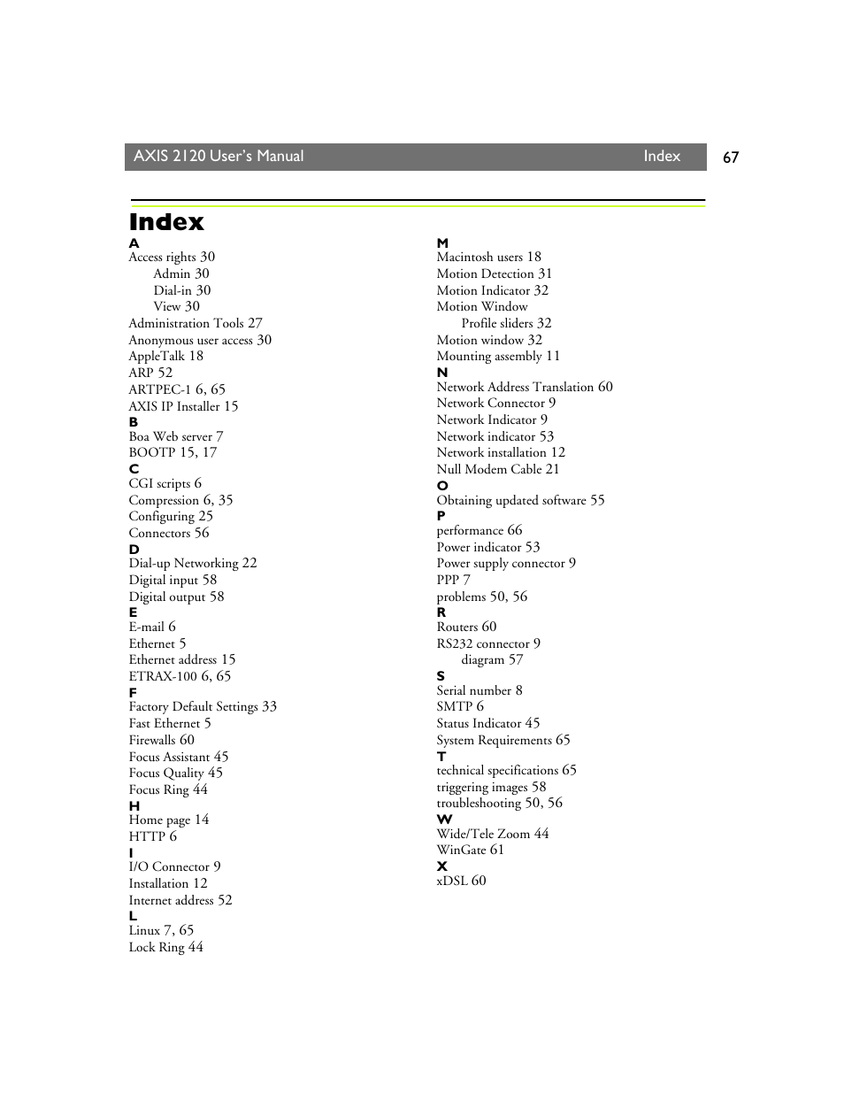 Index | Axis Communications 2120 User Manual | Page 67 / 68