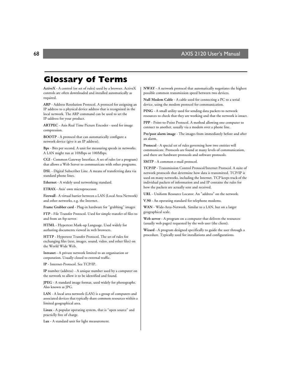 Glossary of terms, Axis 2120 user’s manual, Axis communications | Axis Communications 2120 User Manual | Page 68 / 68