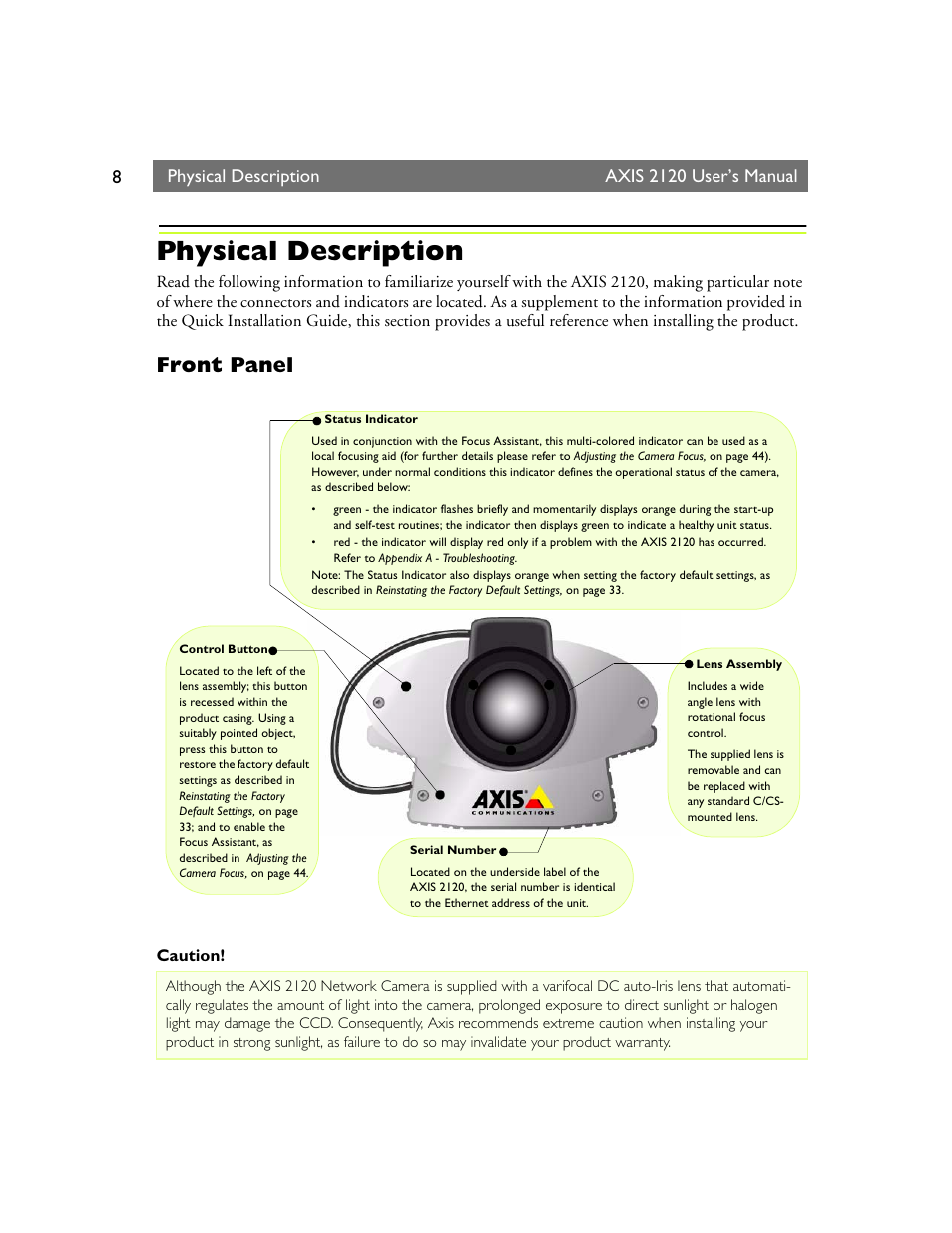 Physical description, Front panel | Axis Communications 2120 User Manual | Page 8 / 68