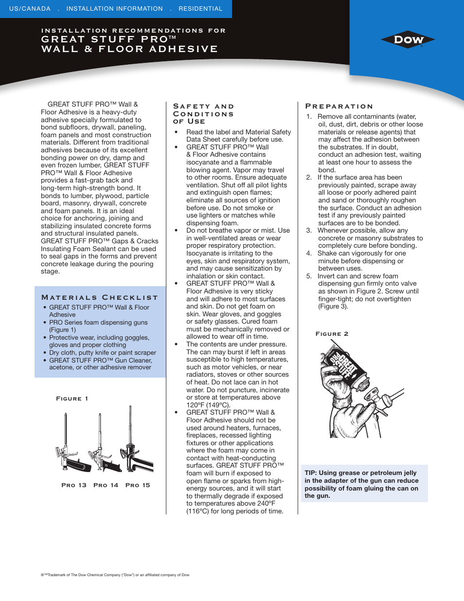 Dow GREAT STUFF PRO™ Wall & Floor Adhesive User Manual | 4 pages