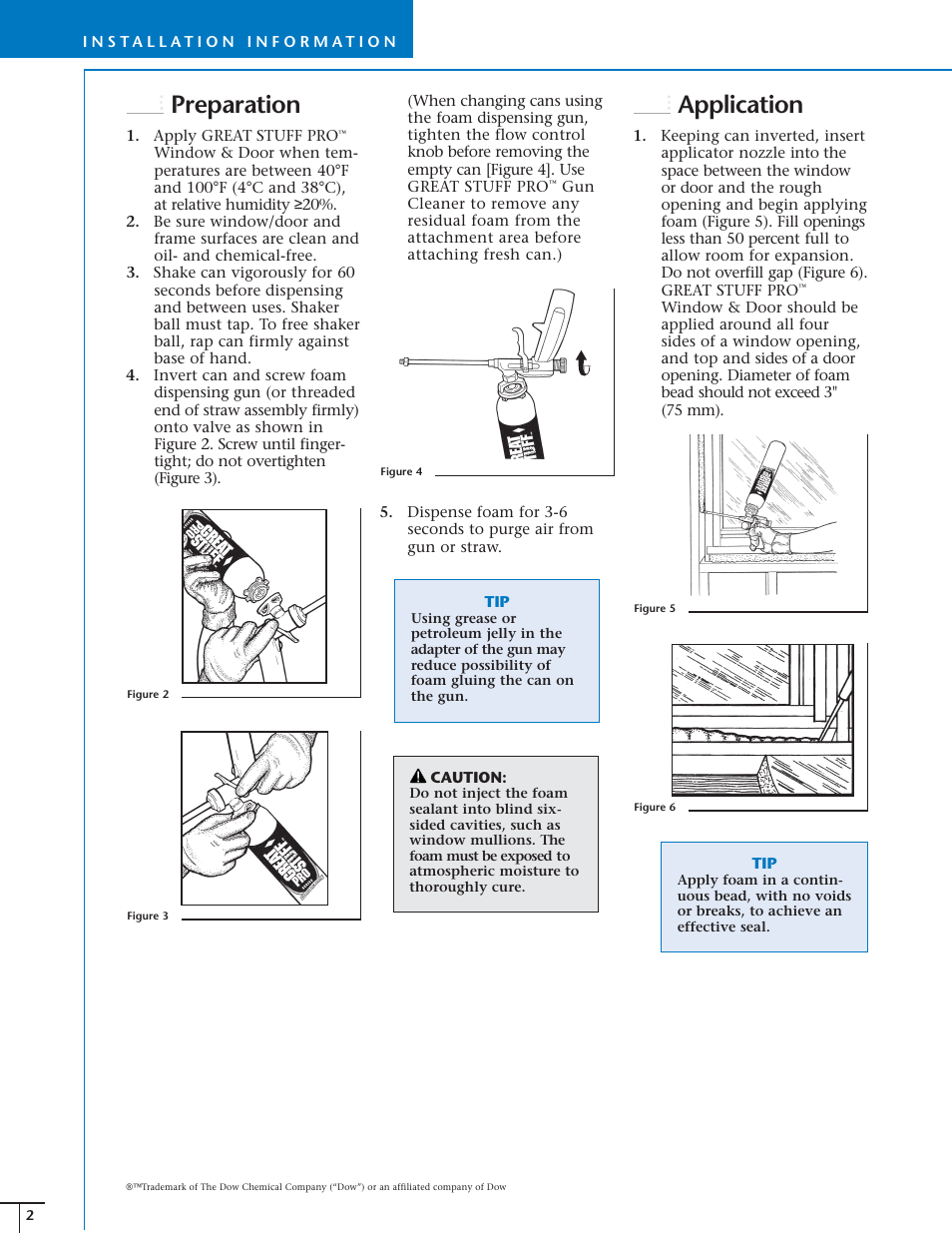 Preparation, Application | Dow GREAT STUFF PRO™ Window & Door User Manual | Page 2 / 4