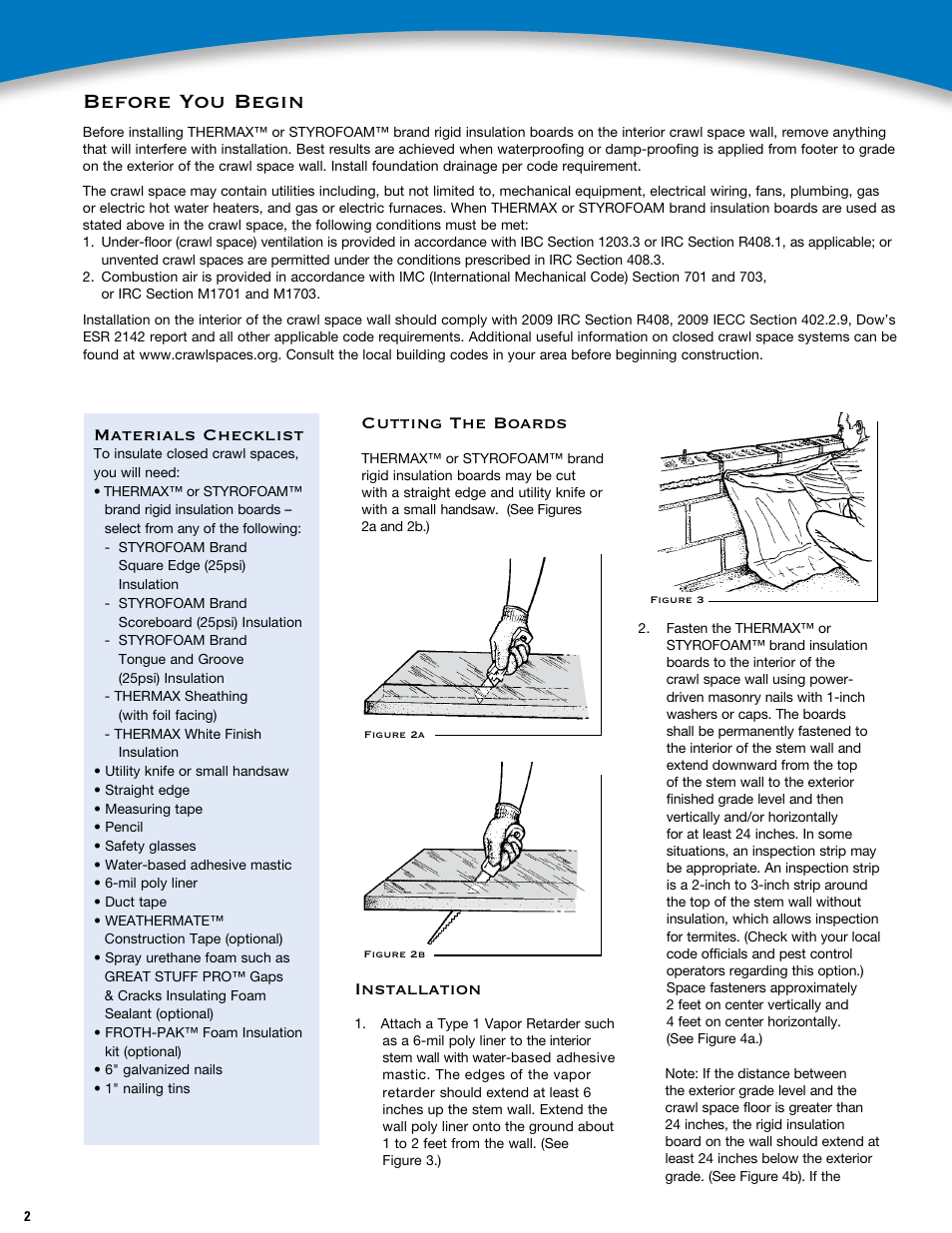 Before you begin, Cutting the boards, Installation | Materials checklist | Dow THERMAX™ OR STYROFOAM™ User Manual | Page 2 / 4