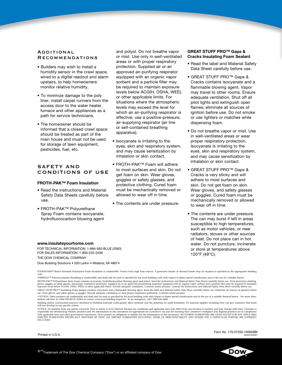 Additional recommendations, Safety and conditions of use | Dow THERMAX™ OR STYROFOAM™ User Manual | Page 4 / 4