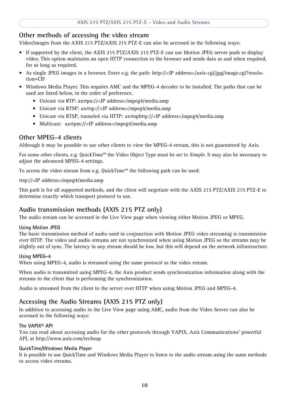 Other methods of accessing the video stream, Other mpeg-4 clients, Audio transmission methods (axis 215 ptz only) | Accessing the audio streams (axis 215 ptz only) | Axis Communications 215 PTZ-E User Manual | Page 10 / 53
