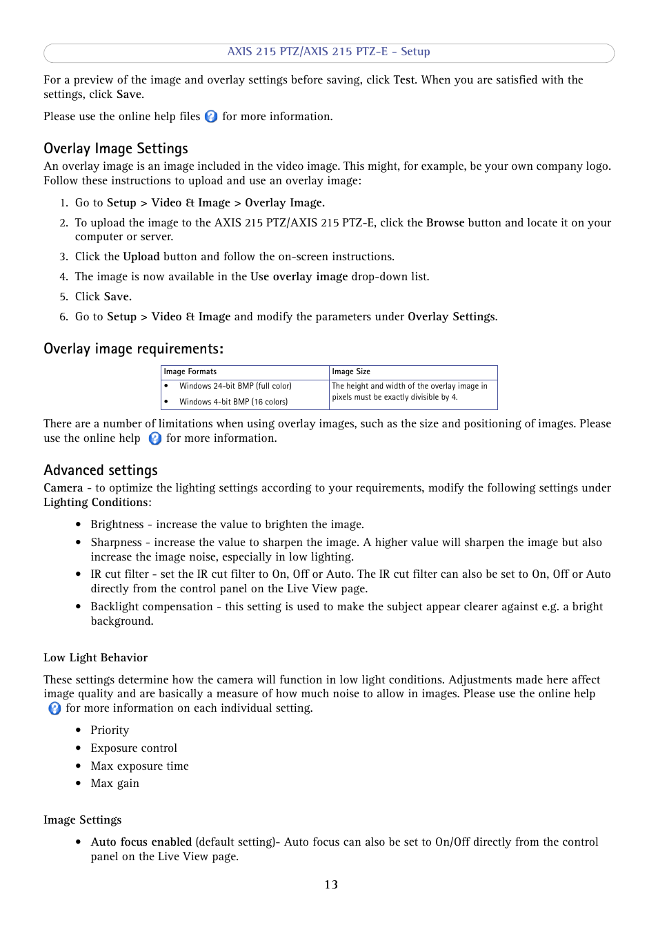 Overlay image settings, Overlay image requirements, Advanced settings | Axis Communications 215 PTZ-E User Manual | Page 13 / 53