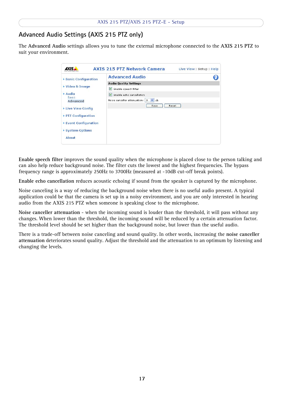 Advanced audio settings (axis 215 ptz only) | Axis Communications 215 PTZ-E User Manual | Page 17 / 53
