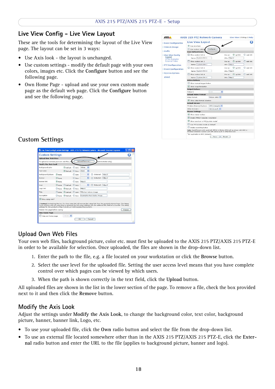 Custom settings, Live view config - live view layout, Custom settings upload own web files | Modify the axis look | Axis Communications 215 PTZ-E User Manual | Page 18 / 53