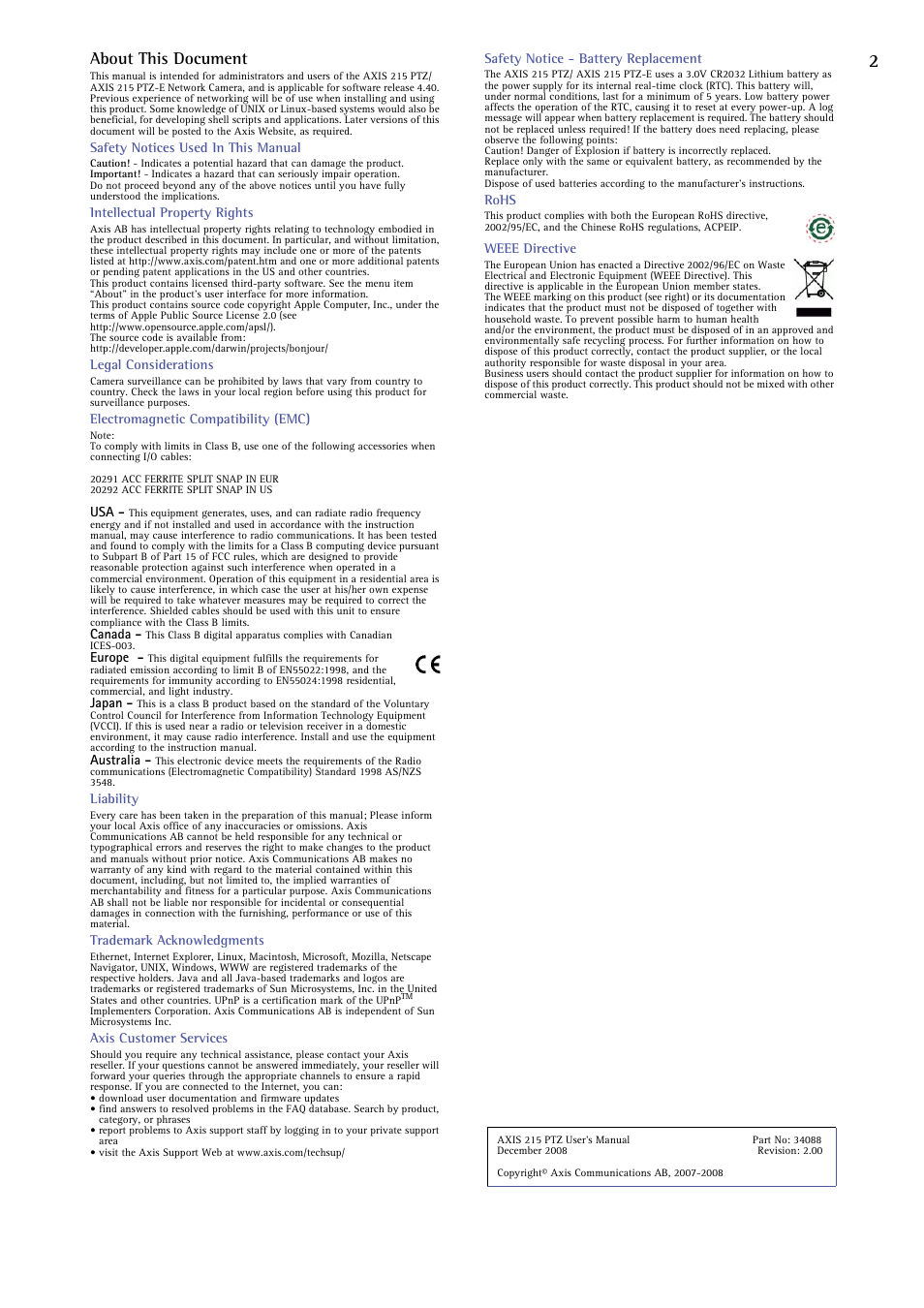 Axis communications, About this document, Product name> quick user’s guide | Axis Communications 215 PTZ-E User Manual | Page 2 / 53