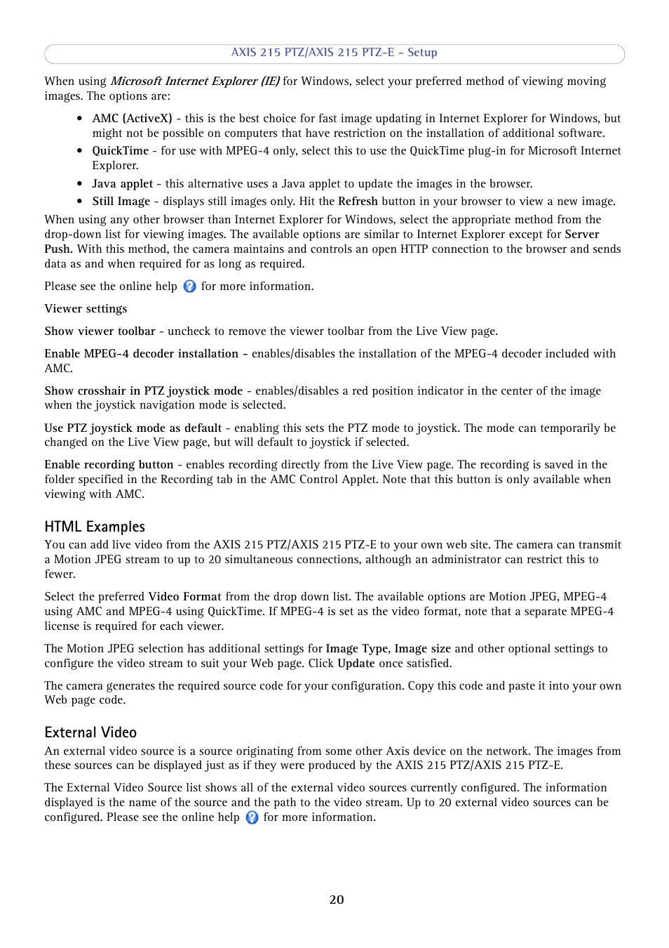 Html examples, External video | Axis Communications 215 PTZ-E User Manual | Page 20 / 53