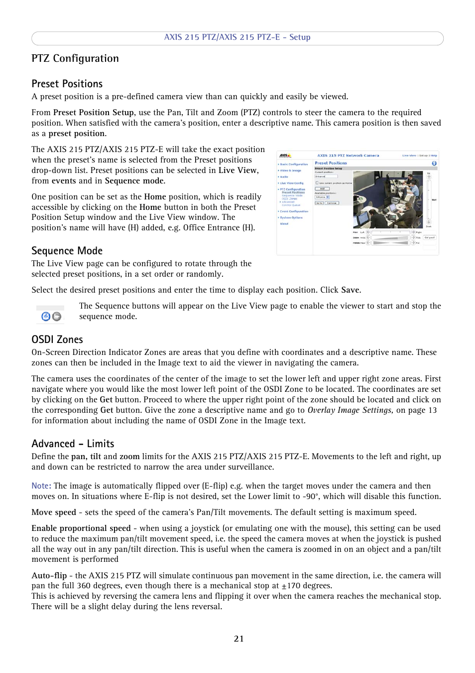 Ptz configuration, Ptz configuration preset positions, Sequence mode | Osdi zones, Advanced - limits | Axis Communications 215 PTZ-E User Manual | Page 21 / 53