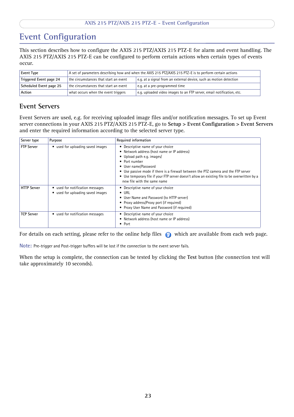 Event configuration, Event servers | Axis Communications 215 PTZ-E User Manual | Page 23 / 53