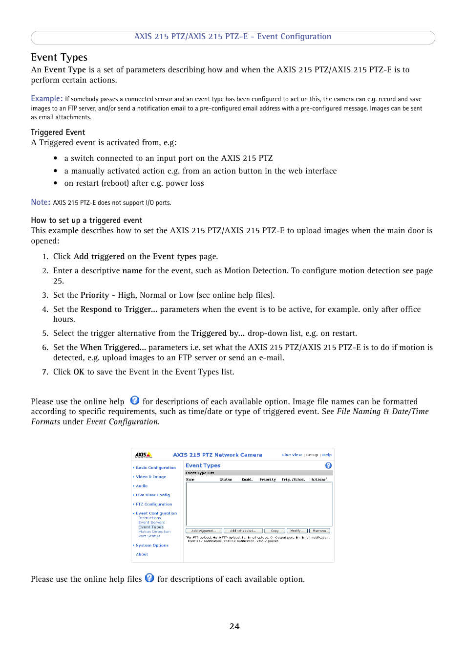 Event types | Axis Communications 215 PTZ-E User Manual | Page 24 / 53