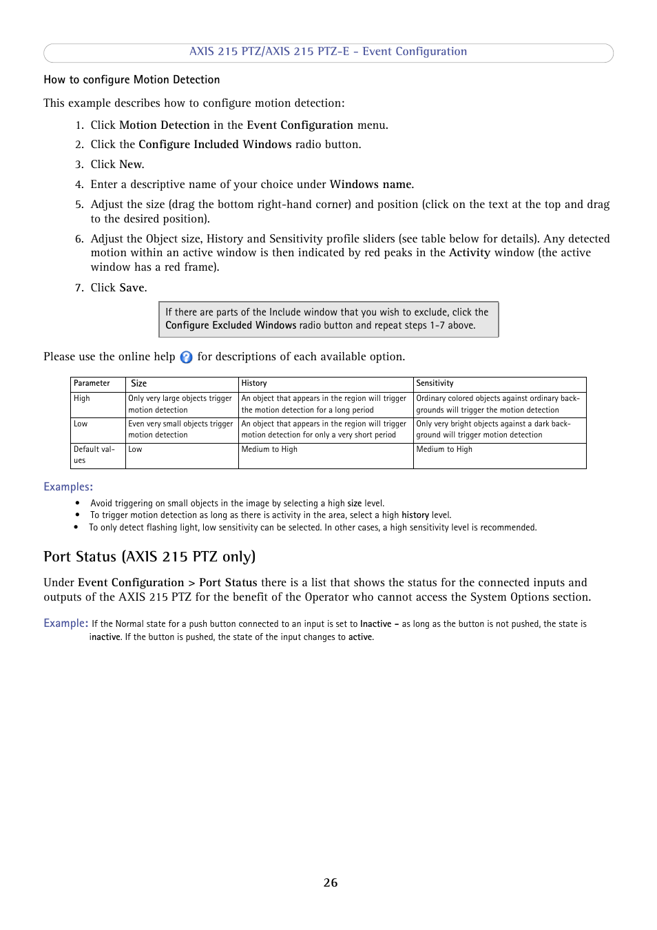 Port status (axis 215 ptz only) | Axis Communications 215 PTZ-E User Manual | Page 26 / 53