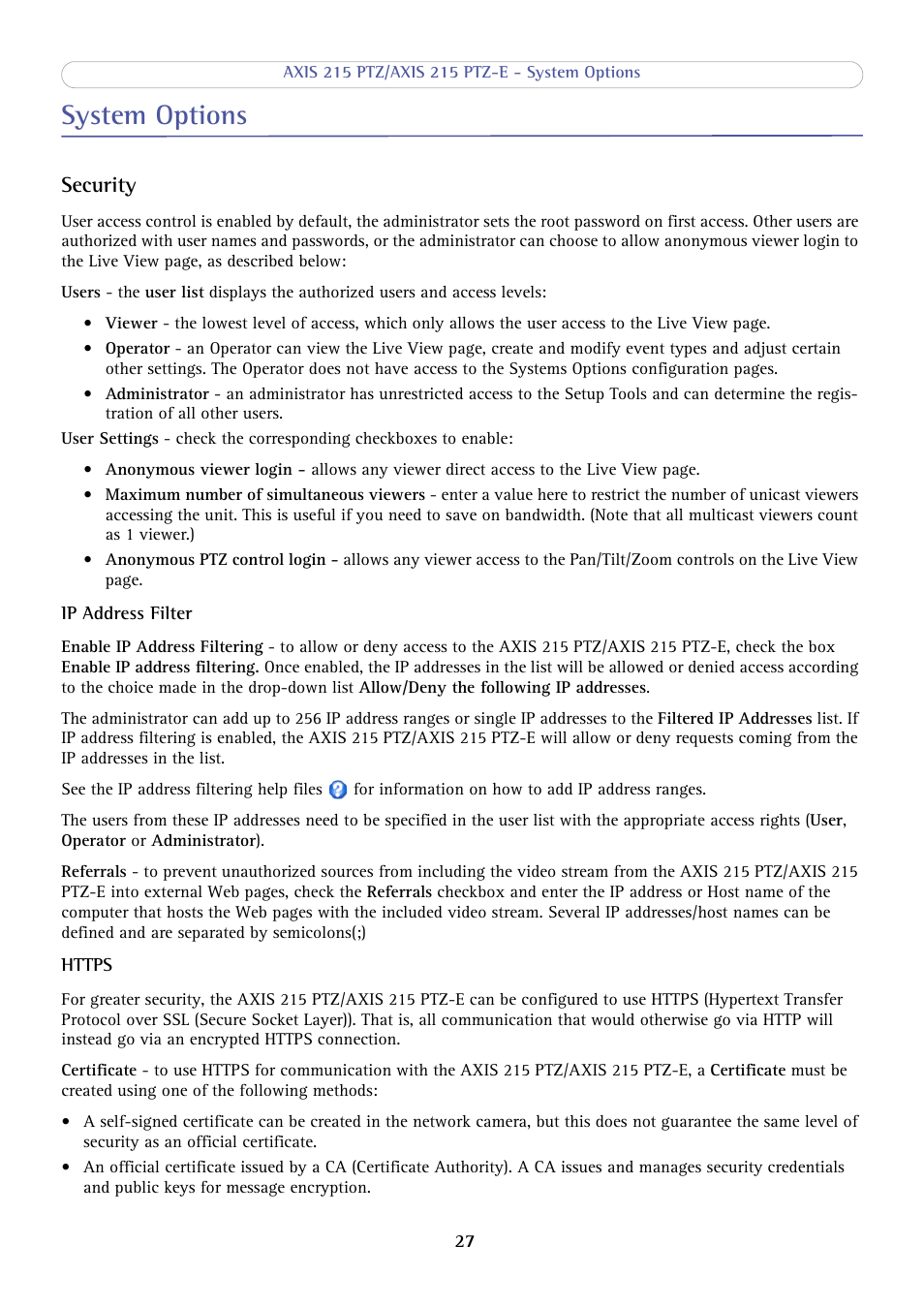 System options, Security | Axis Communications 215 PTZ-E User Manual | Page 27 / 53