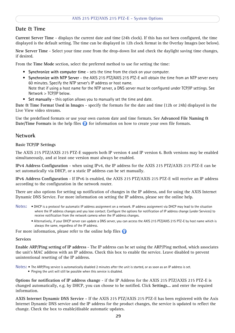 Date & time, Network | Axis Communications 215 PTZ-E User Manual | Page 29 / 53