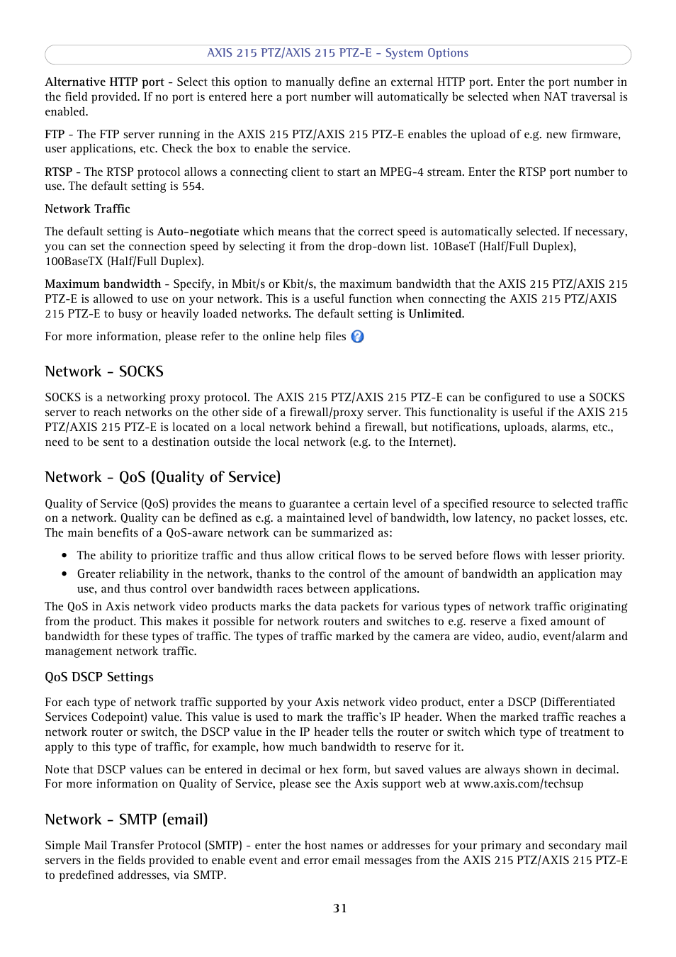 Network - socks, Network - qos (quality of service), Network - smtp (email) | Axis Communications 215 PTZ-E User Manual | Page 31 / 53