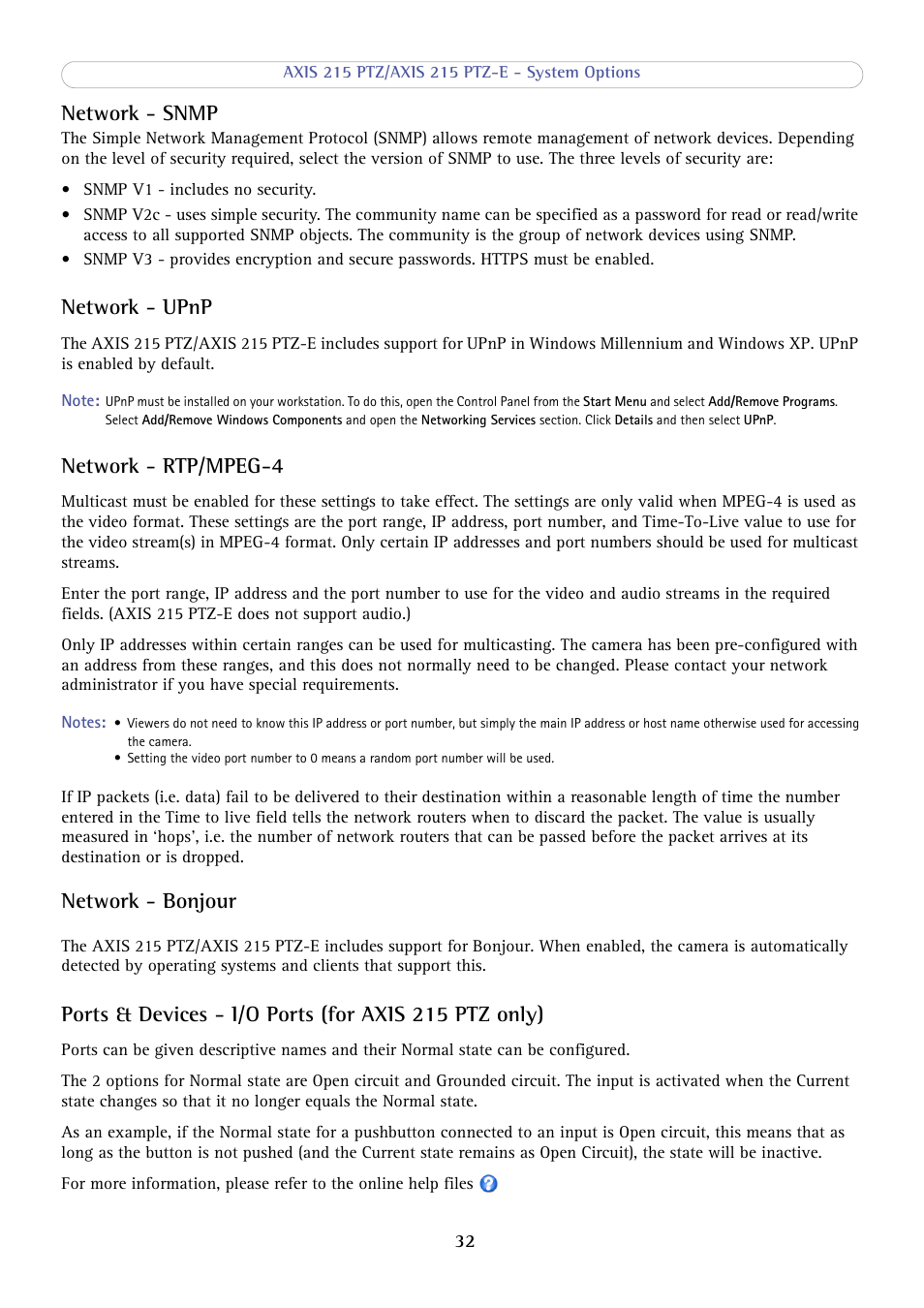 Network - snmp, Network - upnp, Network - rtp/mpeg-4 | Network - bonjour | Axis Communications 215 PTZ-E User Manual | Page 32 / 53