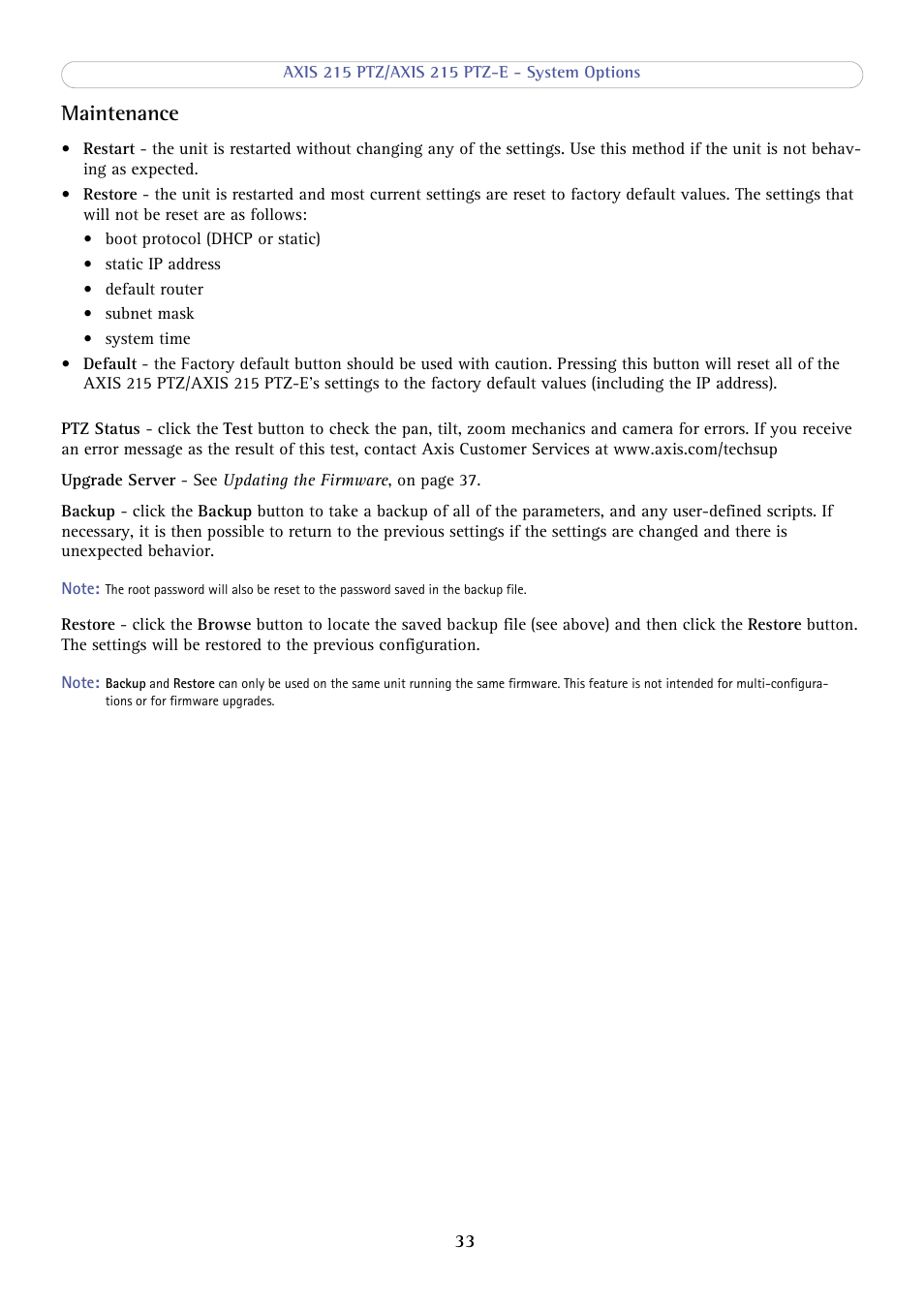 Maintenance | Axis Communications 215 PTZ-E User Manual | Page 33 / 53