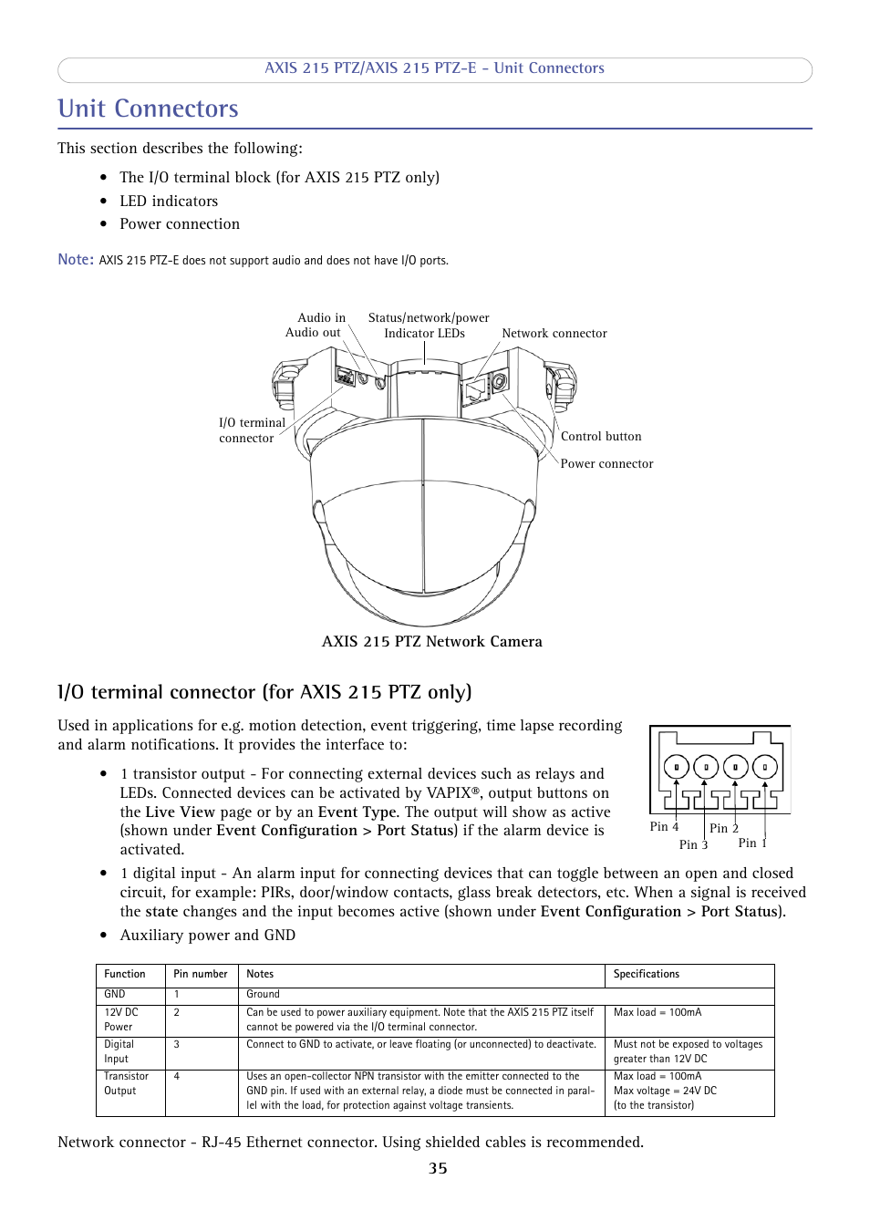 Unit connectors, I/o terminal connector (for axis 215 ptz only) | Axis Communications 215 PTZ-E User Manual | Page 35 / 53