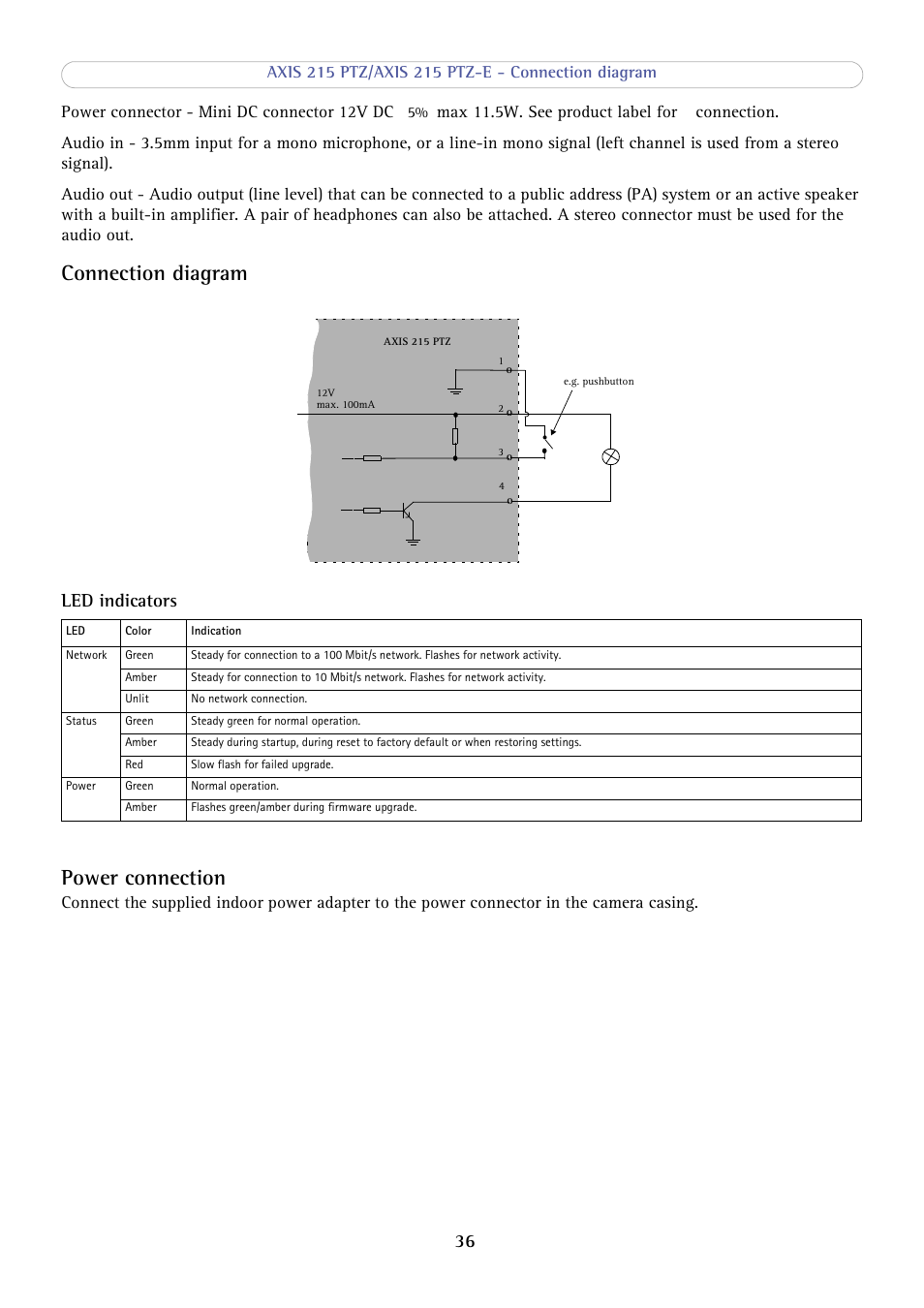 Connection diagram, Led indicators, Power connection | Axis Communications 215 PTZ-E User Manual | Page 36 / 53