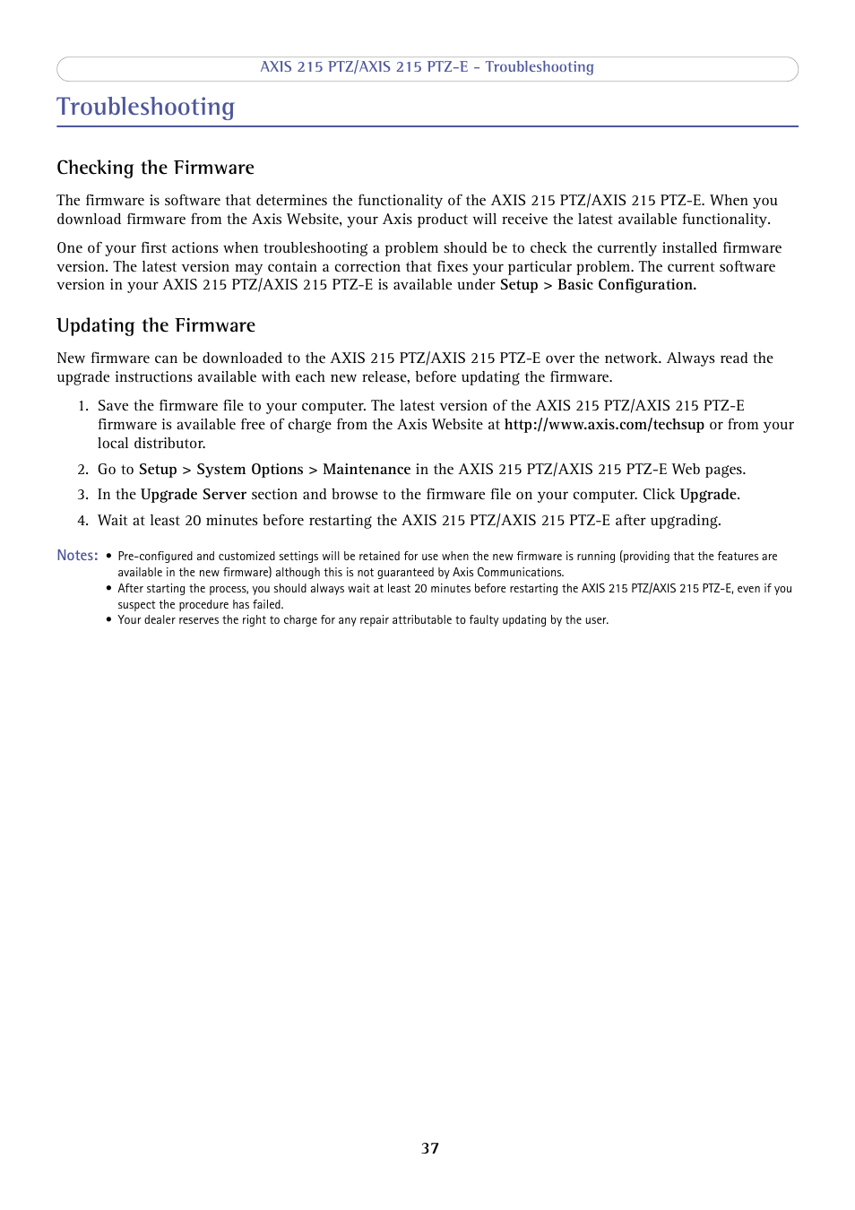 Troubleshooting, Checking the firmware, Updating the firmware | Axis Communications 215 PTZ-E User Manual | Page 37 / 53