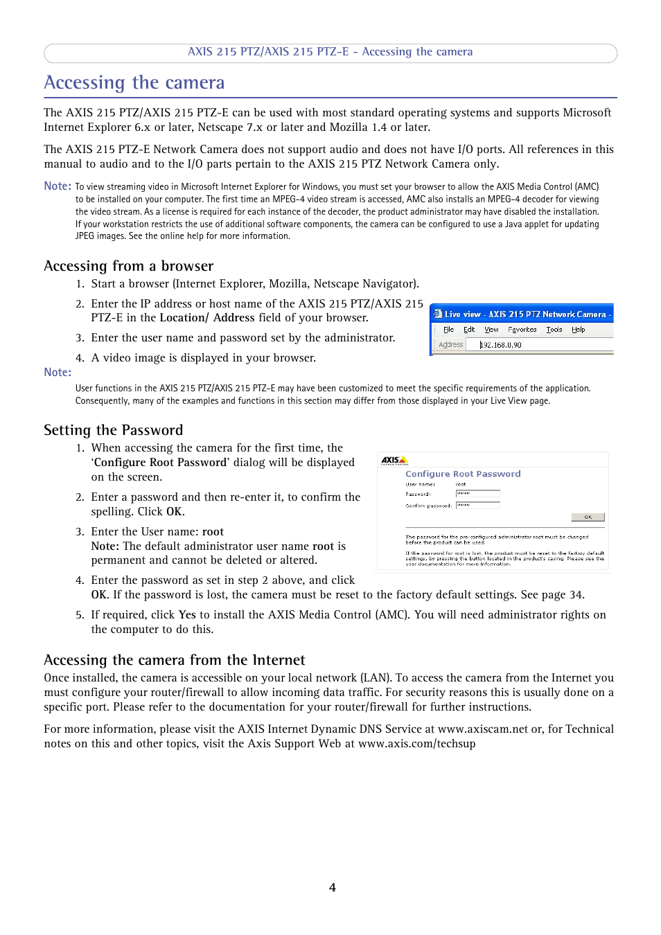 Accessing the camera, Accessing from a browser, Setting the password | Accessing the camera from the internet | Axis Communications 215 PTZ-E User Manual | Page 4 / 53