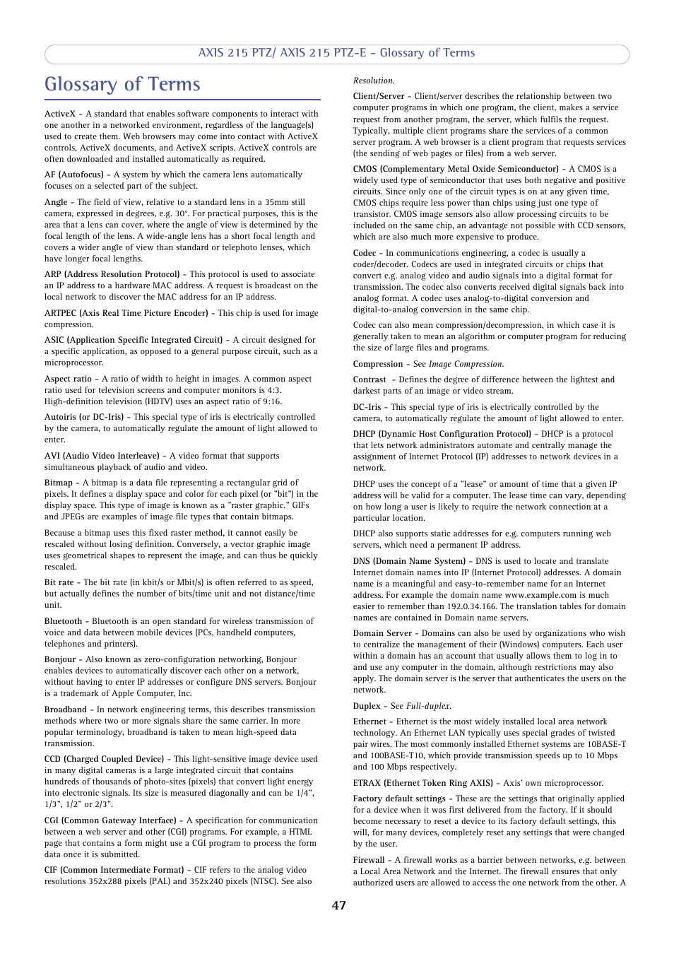 Glossary of terms | Axis Communications 215 PTZ-E User Manual | Page 47 / 53