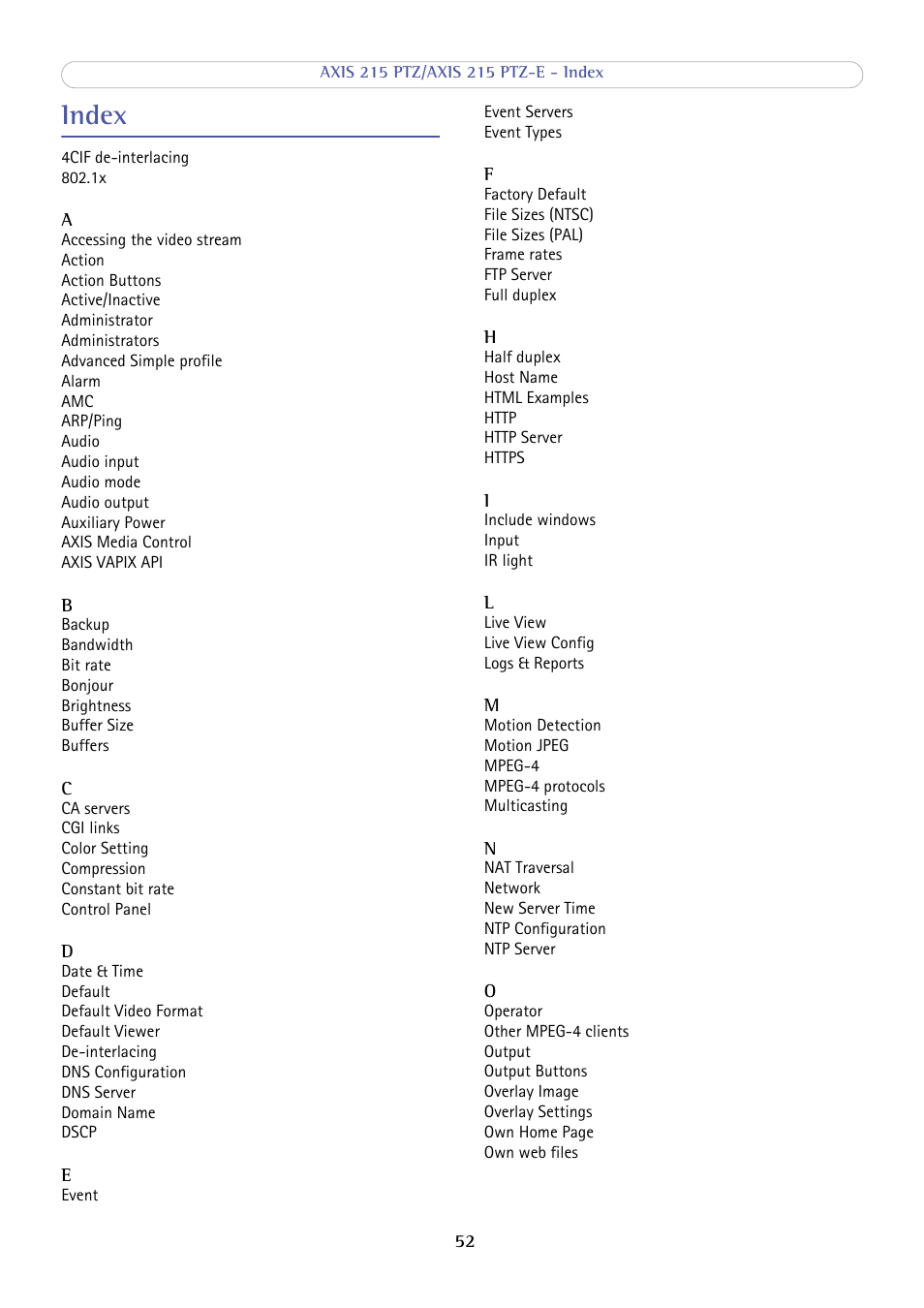 Index | Axis Communications 215 PTZ-E User Manual | Page 52 / 53