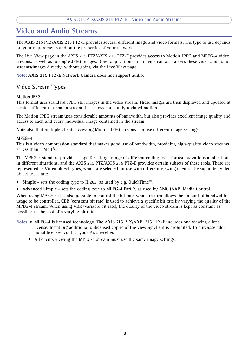 Video and audio streams, Video stream types | Axis Communications 215 PTZ-E User Manual | Page 8 / 53