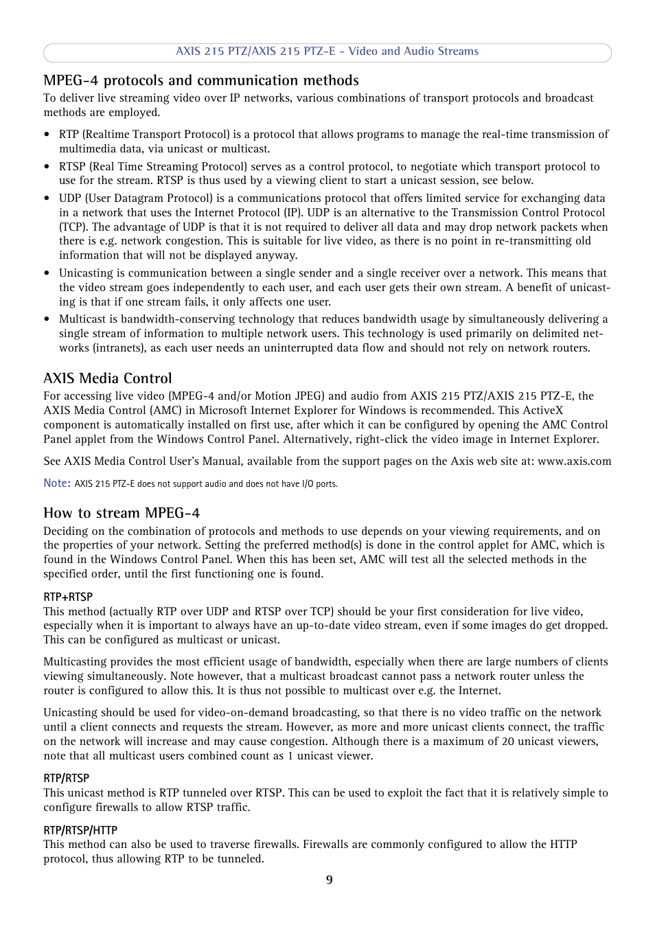 Mpeg-4 protocols and communication methods, Axis media control, How to stream mpeg-4 | Axis Communications 215 PTZ-E User Manual | Page 9 / 53