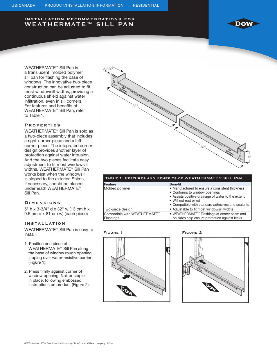 Dow WEATHERMATE™ SILL PAN User Manual | 2 pages