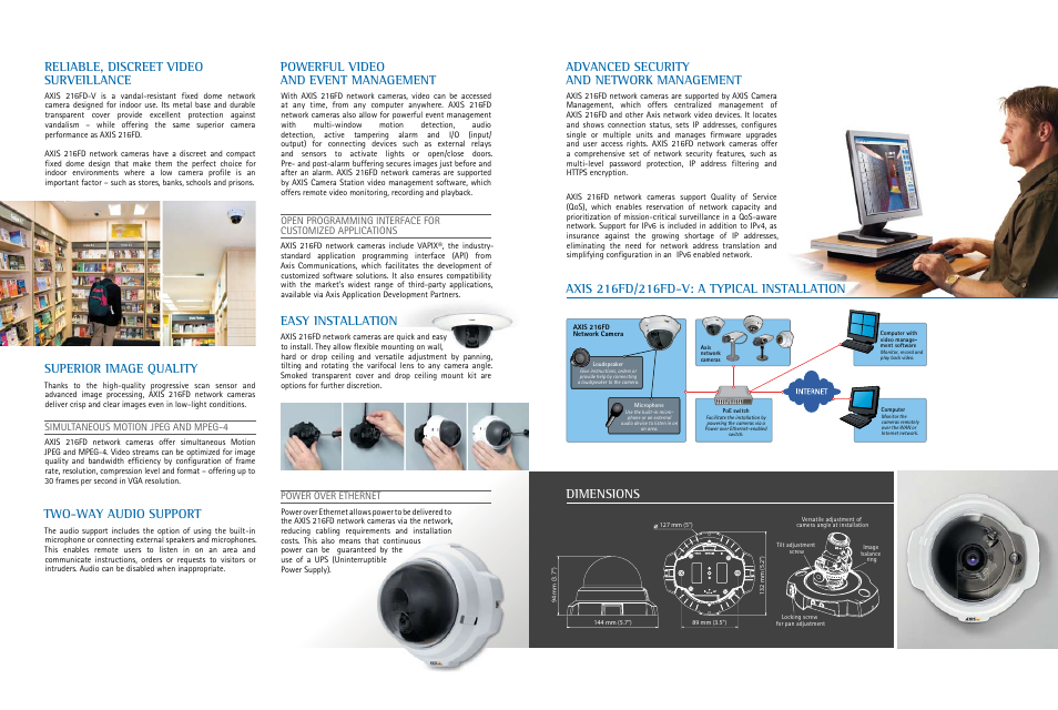 Reliable, discreet video surveillance, Powerful video and event management, Advanced security and network management | Dimensions, Two-way audio support, Superior image quality | Axis Communications Axis 216FD-V User Manual | Page 2 / 4