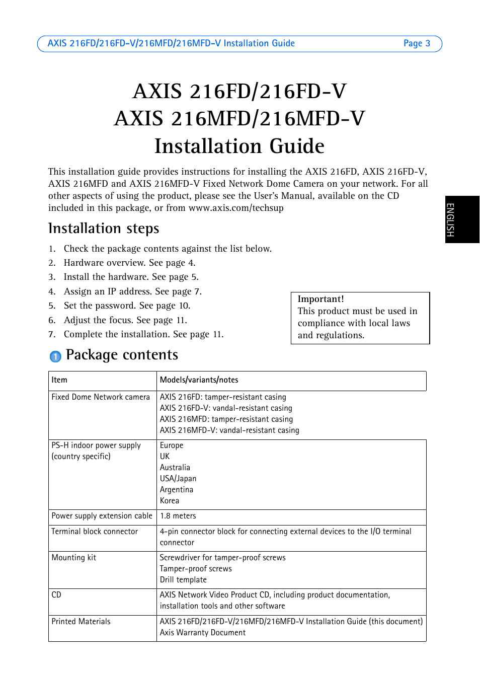 Installation steps, Package contents | Axis Communications AXIS 18613 User Manual | Page 3 / 74