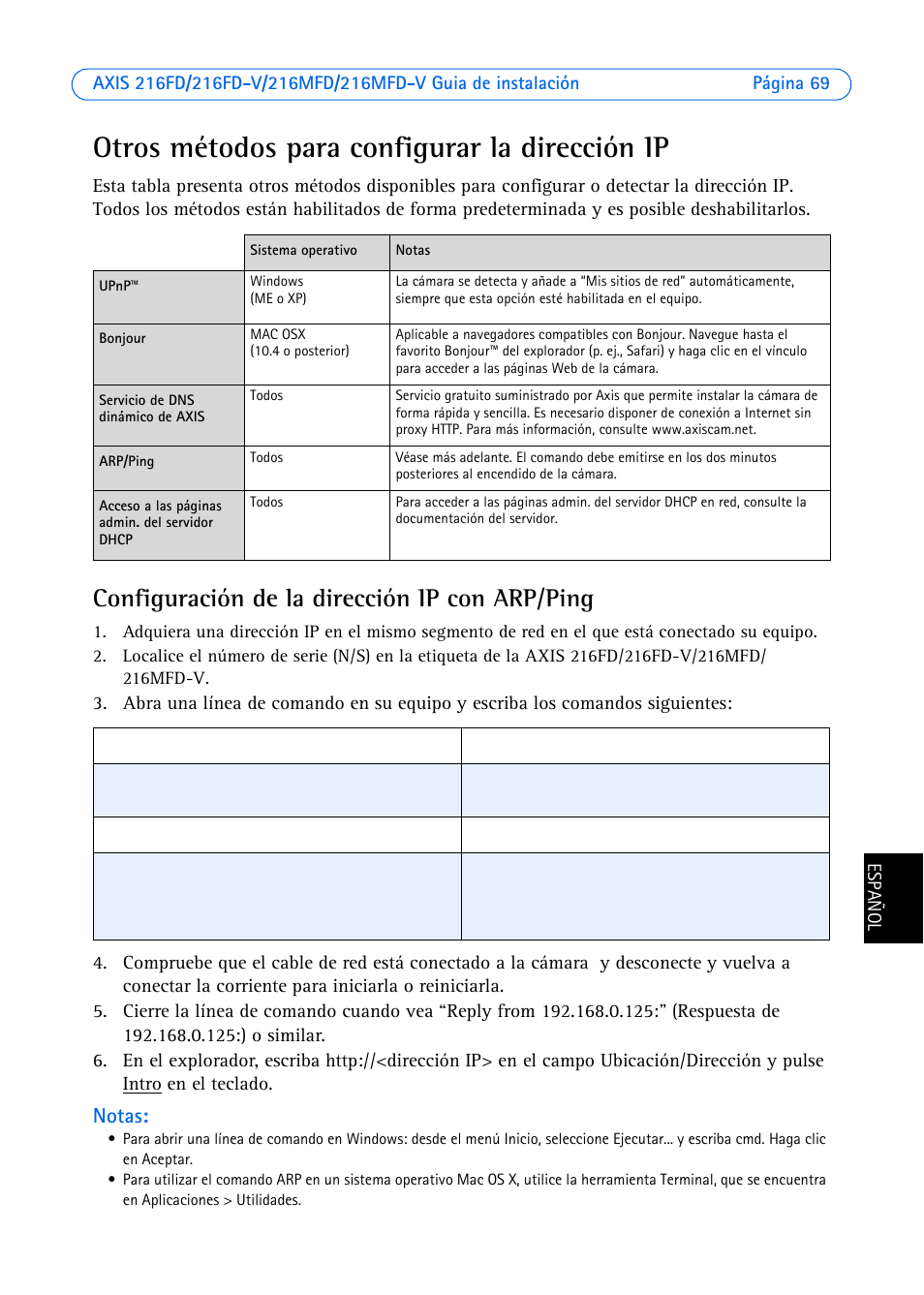 Otros métodos para configurar la dirección ip, Configuración de la dirección ip con arp/ping, Notas | Axis Communications AXIS 18613 User Manual | Page 69 / 74