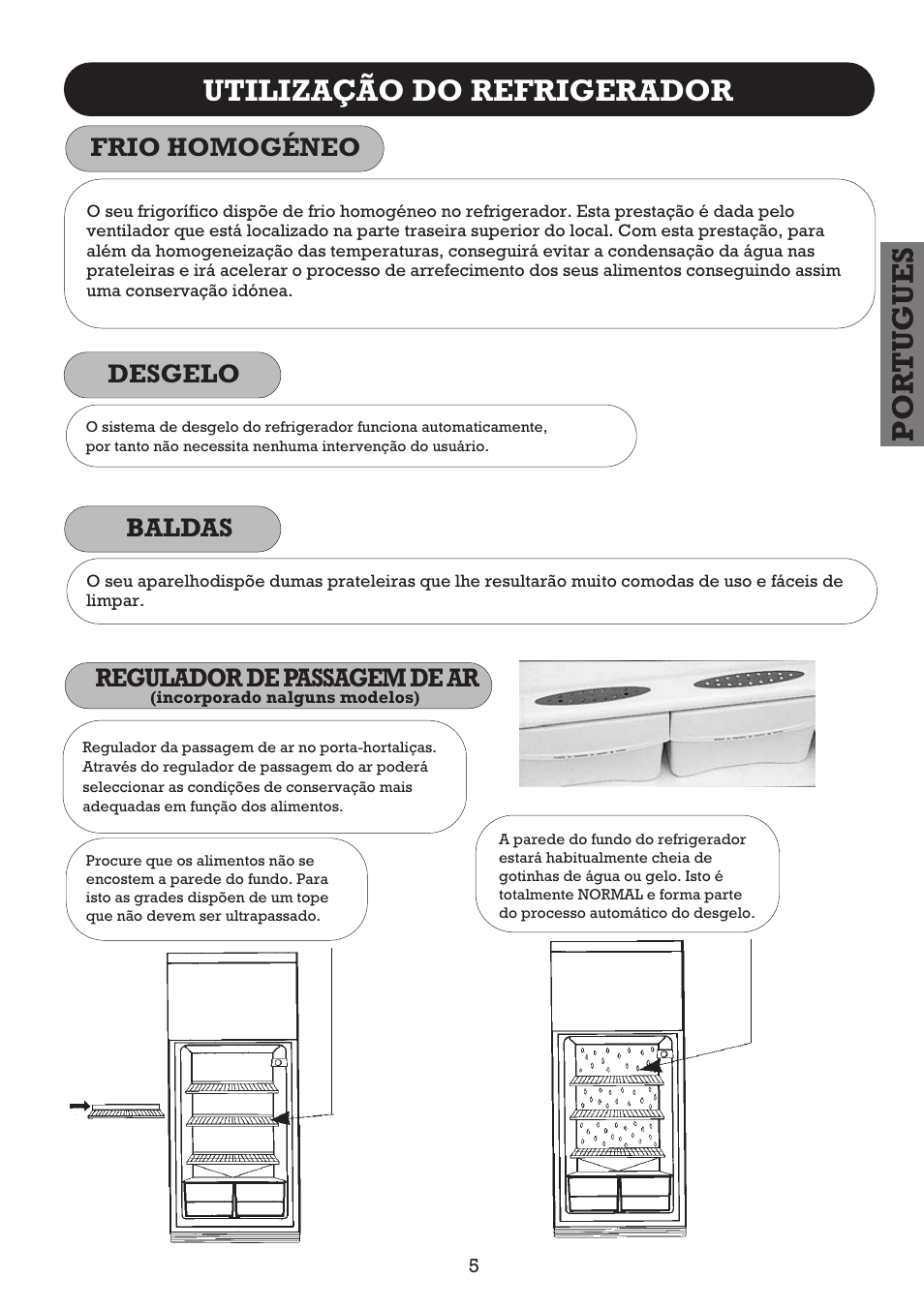 Por tugues, Utilização do refrigerador, Desgelo | Frio homogéneo, Baldas, Regulador de passagem de ar | Fagor FFJ2667 User Manual | Page 21 / 88